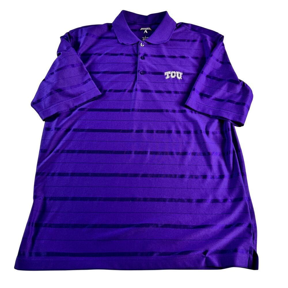 Antigua Mens sz Large TCU Polo Shirt Purple Short Sleeve Golf Shirt Horned Frogs